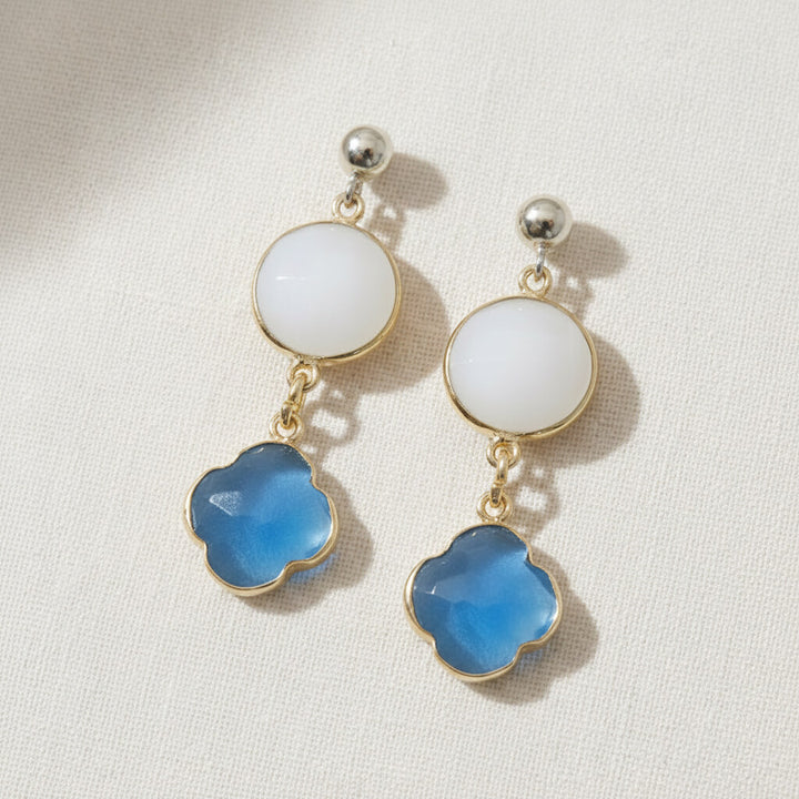 Ohrringe Edelstein-Duo Mondstein weiß-hellblau-gold