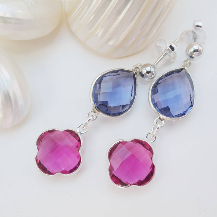 Silberne Edelstein-Ohrringe mit Quarz in Blau und Fuchsia