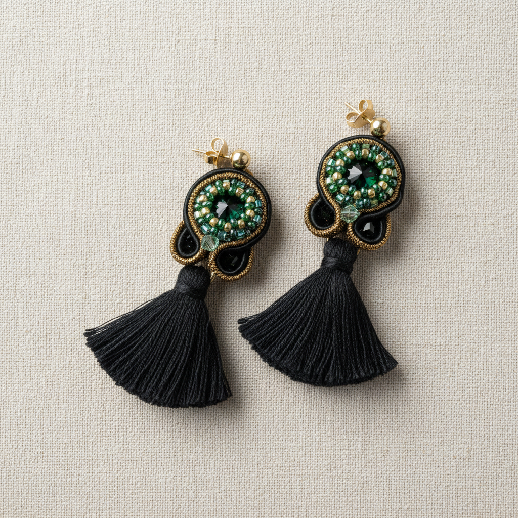 Soutache-Ohrringe mit Quaste in Schwarz