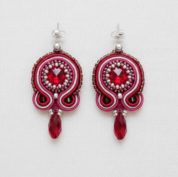 Soutache-Ohrringe Rot-Silber mit Swarovski Kristallen