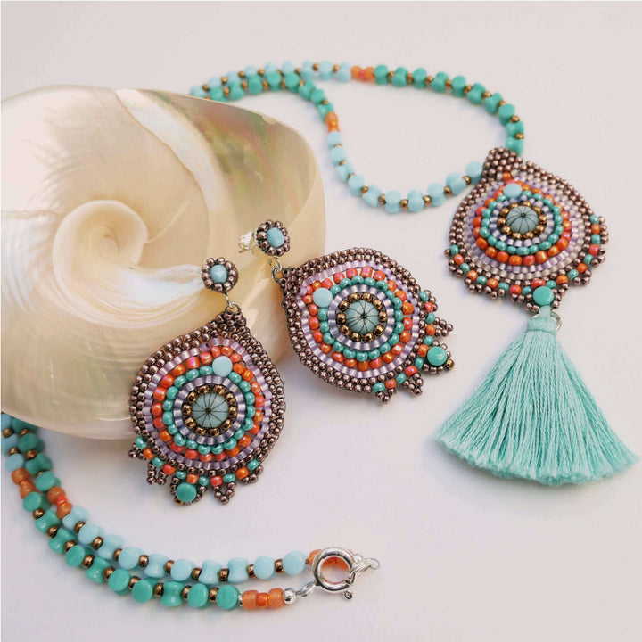 Peyote Schmuckset mit Quasten-Longkette und Ohrringen