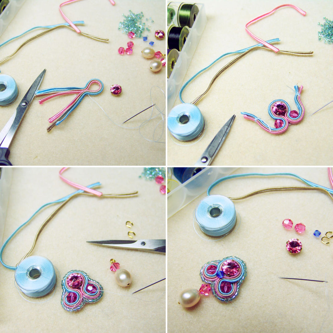 Rosa Soutache Ohrringe mit Perlen, making of