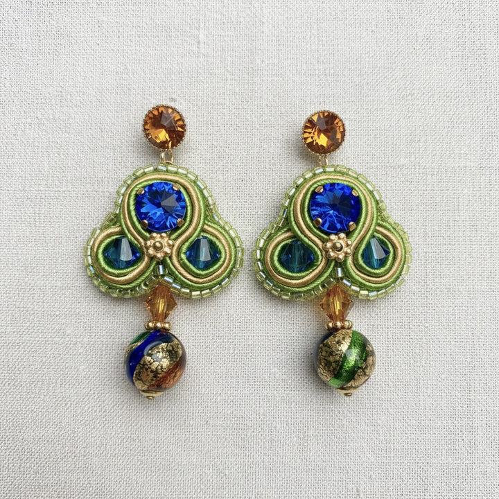 Soutache-Ohrringe mit Murano-Glasperle in Blau-Gold