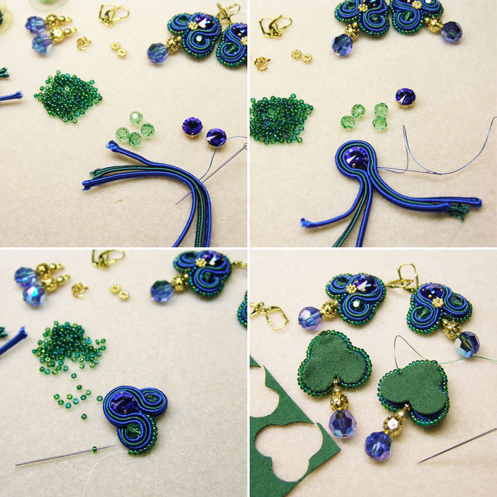 Blaue Soutache-Ohrringe mit Goldakzenten