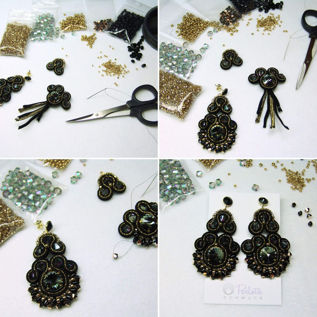 Schwarz-goldene Soutache-Statement-Ohrringe handgenäht