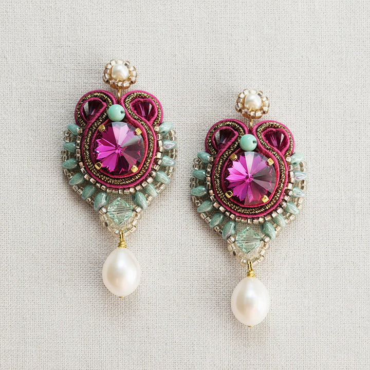 soutache ohrringe fuchsia grün mit echten perlen