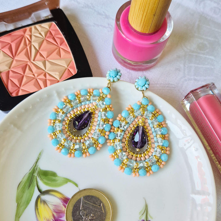 Statement Ohrringe im Bollywood-Stil in Türkisblau, Koralle und Gold
