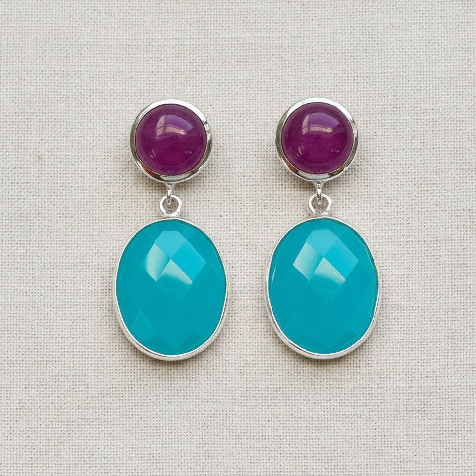 Silberne Edelstein-Ohrringe mit Chalzedon in Türkis und Fuchsia