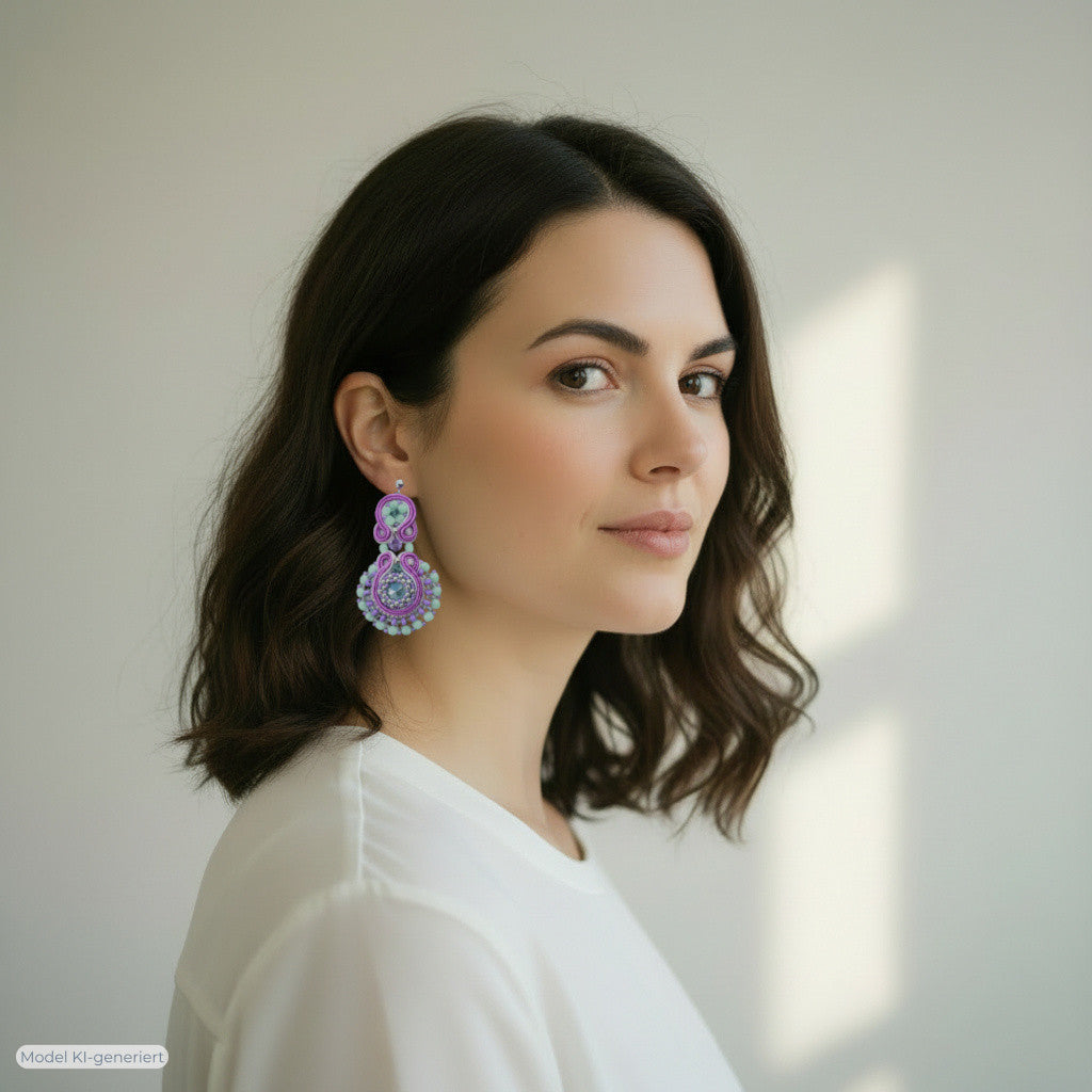 Soutache-Ohrringe Gelb und Violett getragen, vergoldeter Stecker