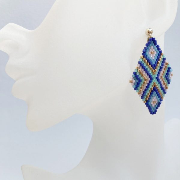 Statement Ohrringe Rocailles Raute Blau Gold