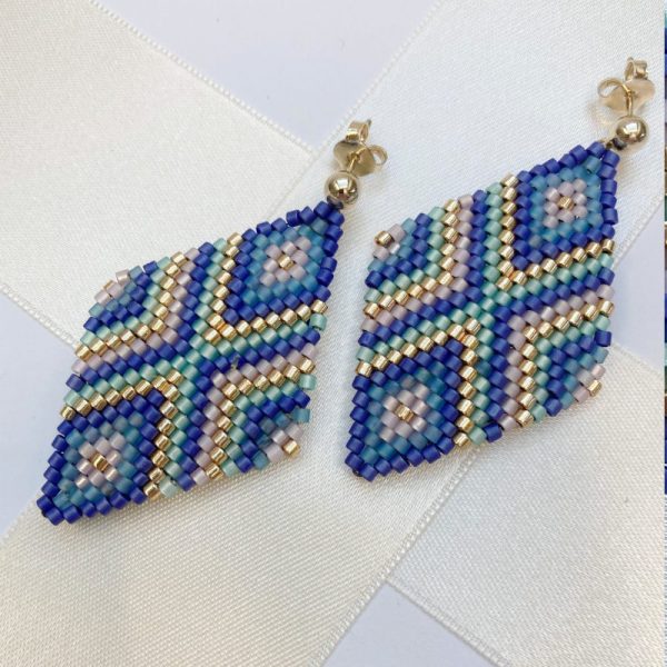 Statement Ohrringe Rocailles Raute Blau Gold