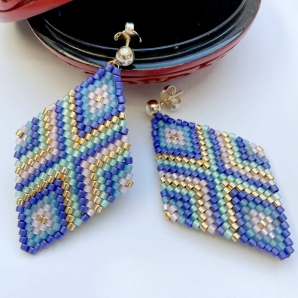 Statement Ohrringe Rocailles Raute Blau Gold