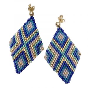 Statement Ohrringe Rocailles Raute Blau Gold