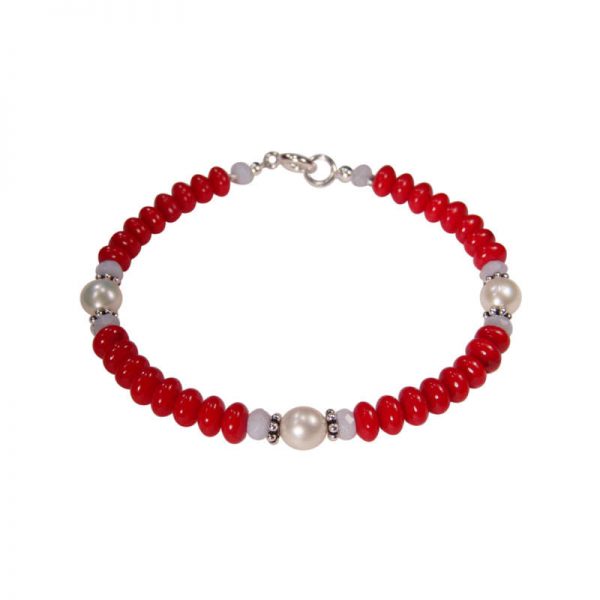 Armband mit roter Koralle, Chalzedon und Perlen