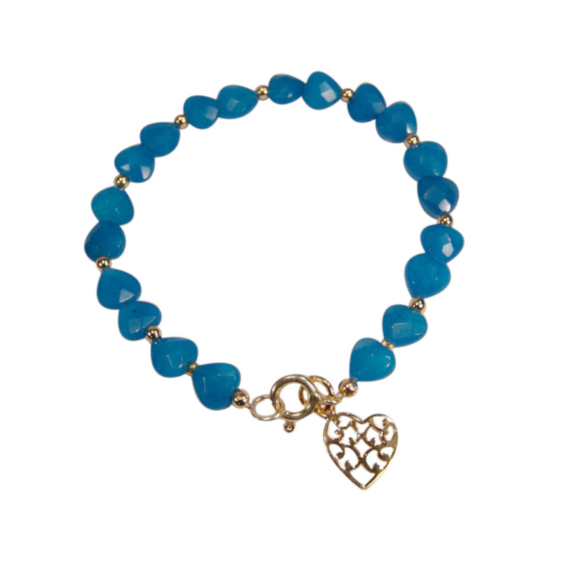 Armband mit blauen Jade-Herzen und Herz-Charm aus Silber vergoldet
