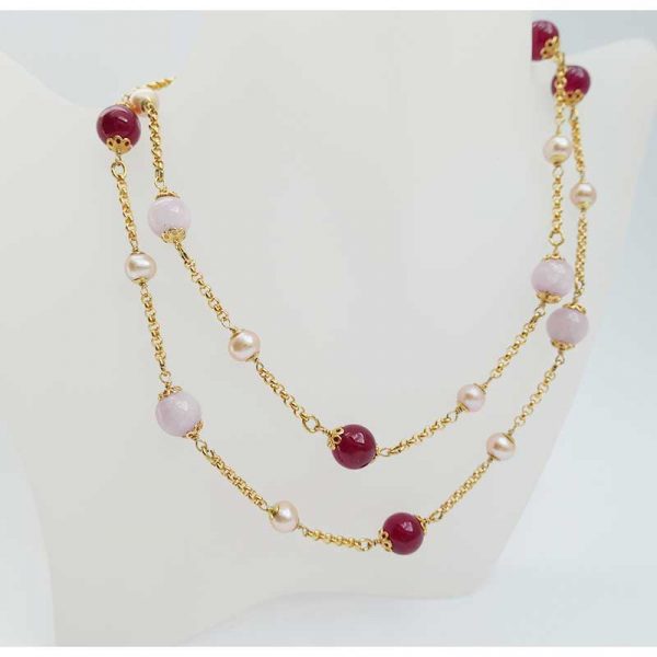 Longkette Perlen, rosa Kunzit, rote Jade