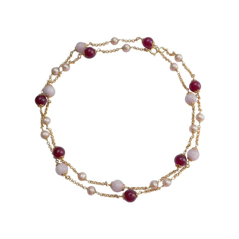 Longkette mit Perlen, rosa Kunzit und roter Jade