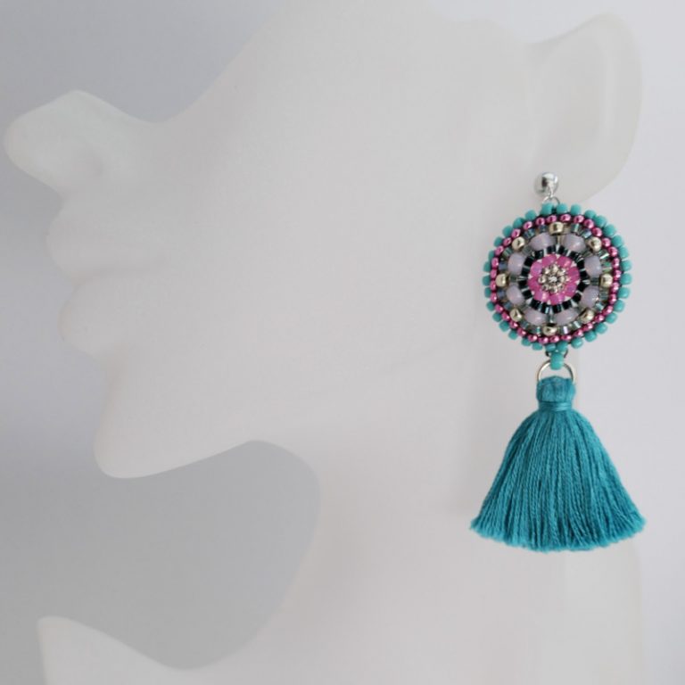 Statement Quasten-Ohrring ein Türkis und Rosa mit bunten Perle