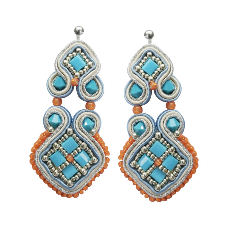 Soutache-Ohrringe im Mosaikstil in Türkis und Silber