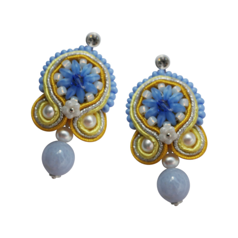 Soutache-Ohrringe Perlenblüte blau-gelb