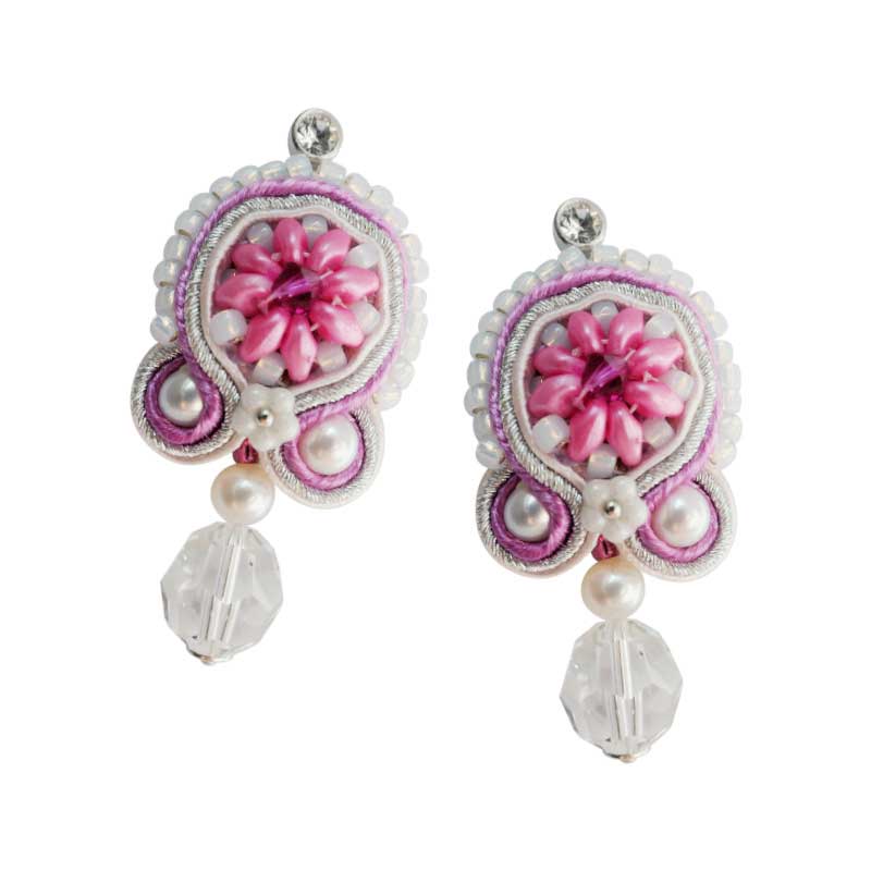 Soutache-Ohrringe Perlenblüte rosa-silber