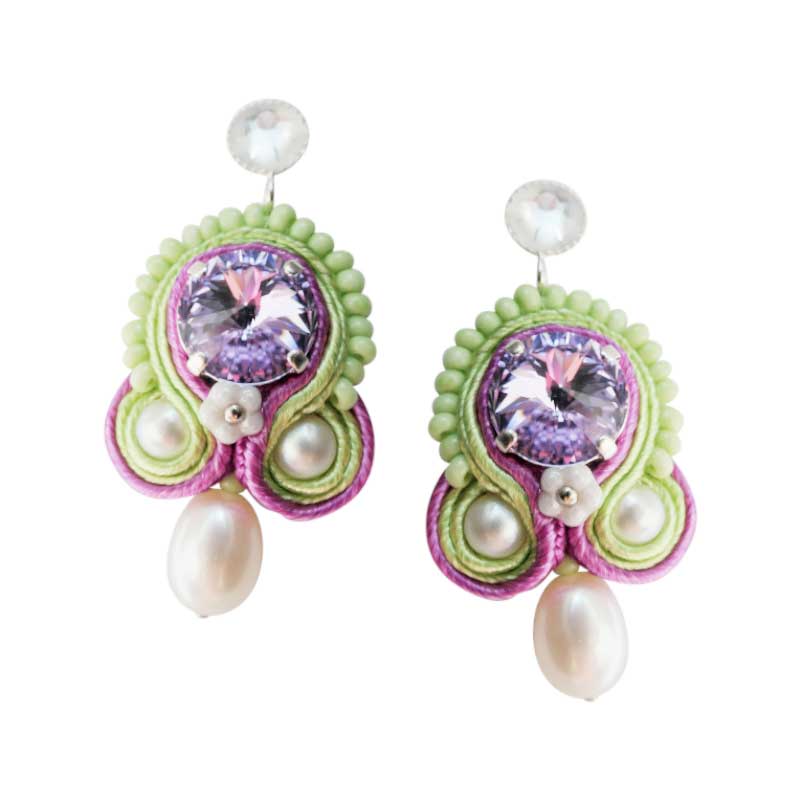 Soutache-Ohrringe Flieder-Grün mit Perle