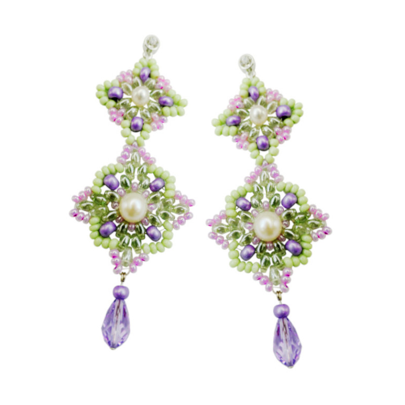 Langer Rocailles-Ohrhänger violett-grün mit Tropfen