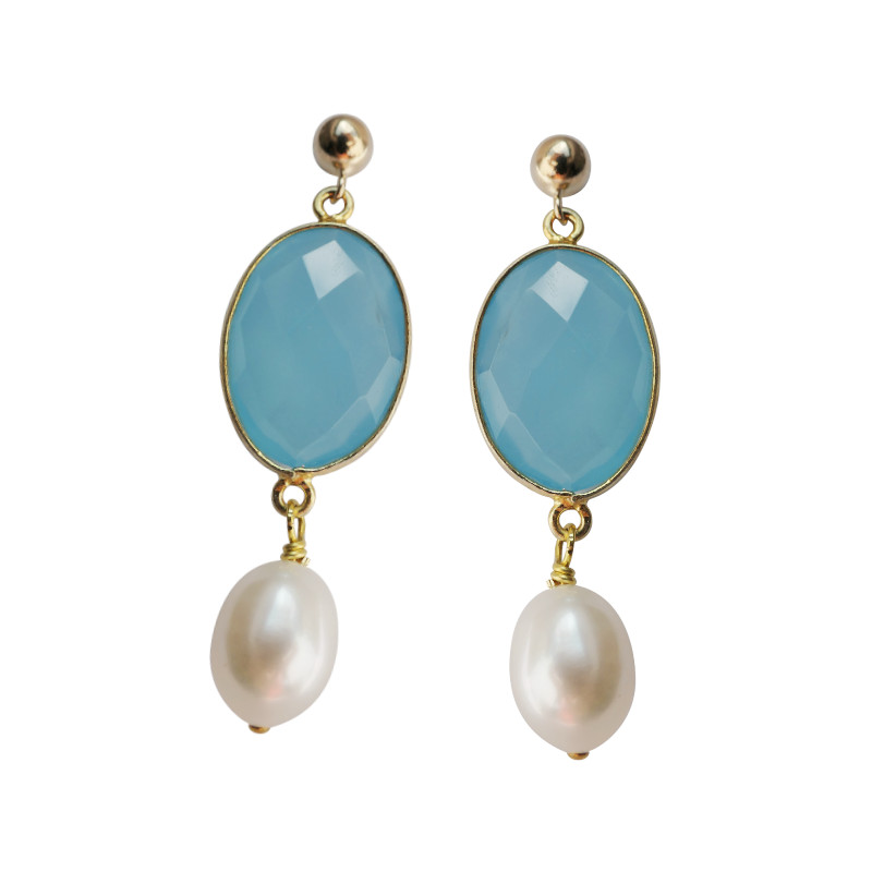 Edelstein-Ohrring türkis-blau mit Perle