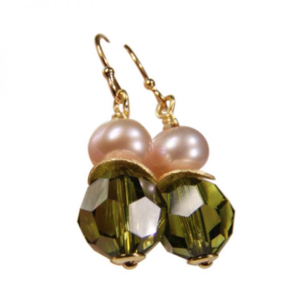 Ohrringe Perle und Kristall Olivgrün