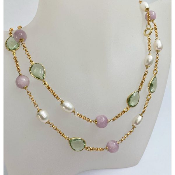Longkette mit echten Perlen und Edelsteinen in Rosa-Grün
